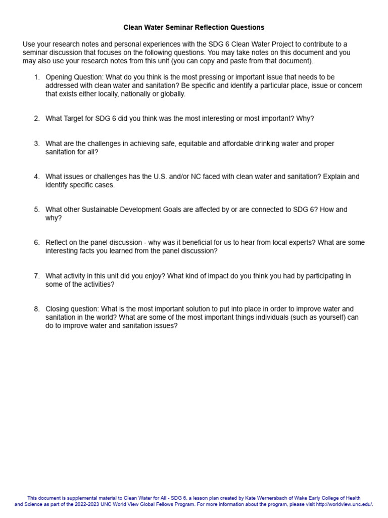 Clean Water Seminar Reflection Questions and Rubric | PDF | Cognition ...