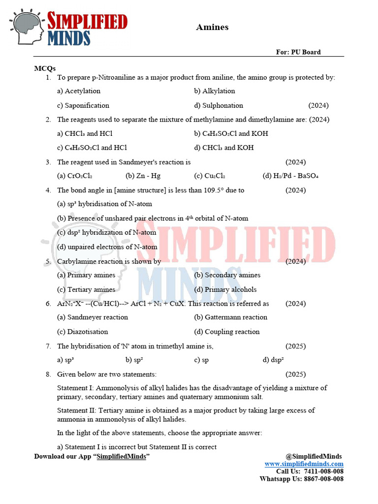 13. Amines 2ndPUC PYQs | PDF | Amine | Pyridine