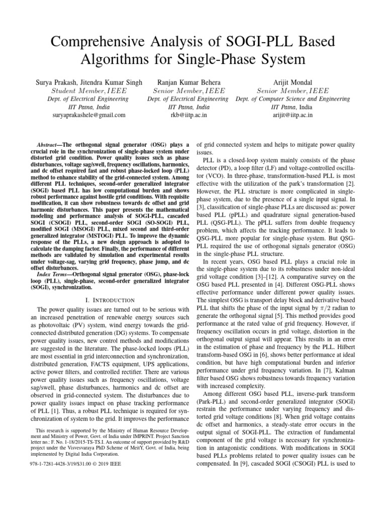 Comprehensive Analysis of SOGI-PLL Based Algorithms For Single-Phase ...