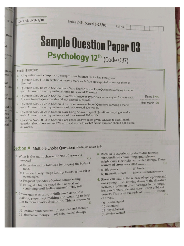 Psychology XII Sample Paper 3 With MS | PDF