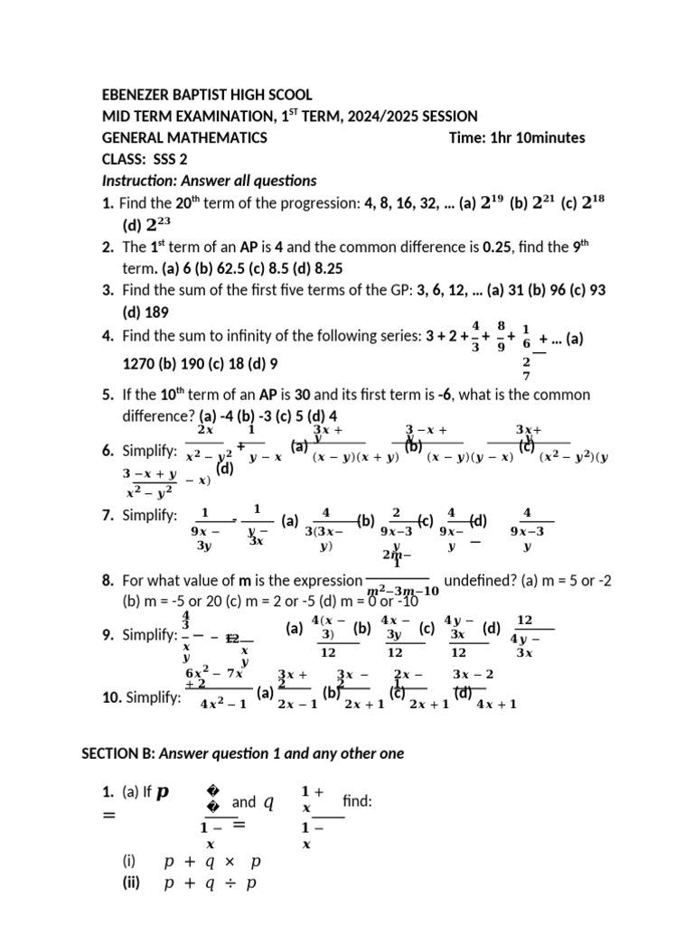 SSS2_and_SSS1_General_Mathematics_Mid_Term_Questions_Edited726 | PDF ...