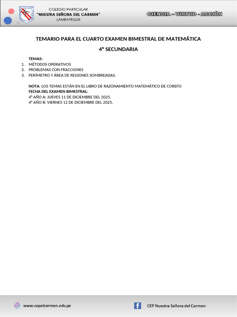 Temario Bimestral de Matemática 4° Bimestre | PDF