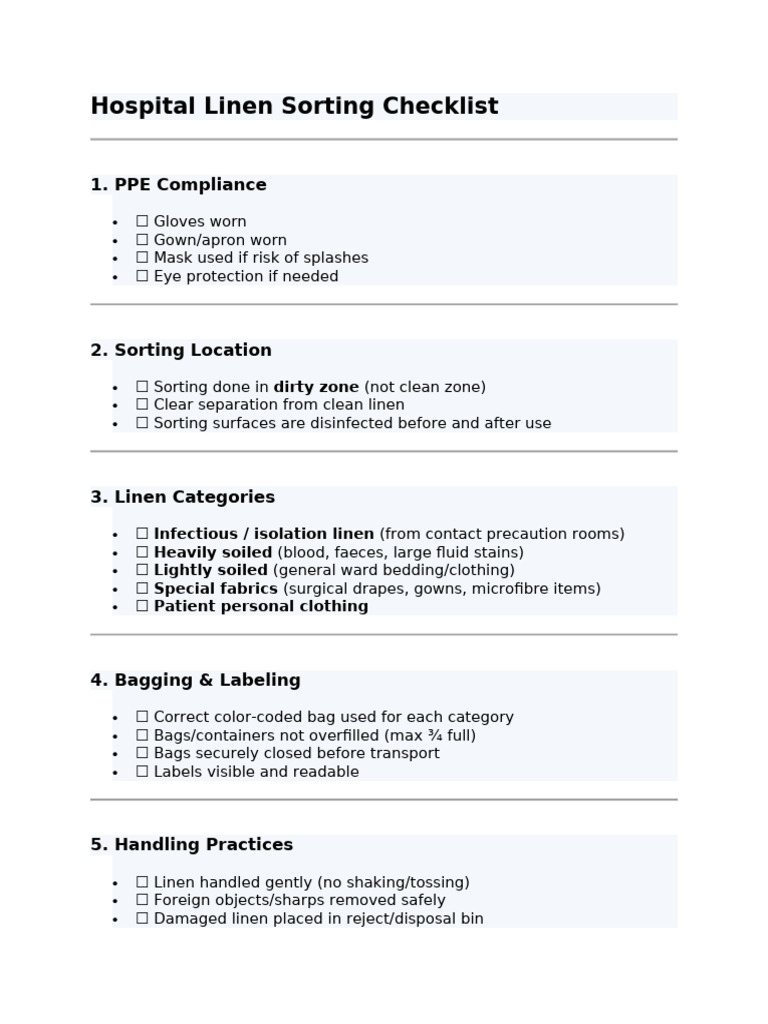 Hospital Linen Sorting Checklist | PDF
