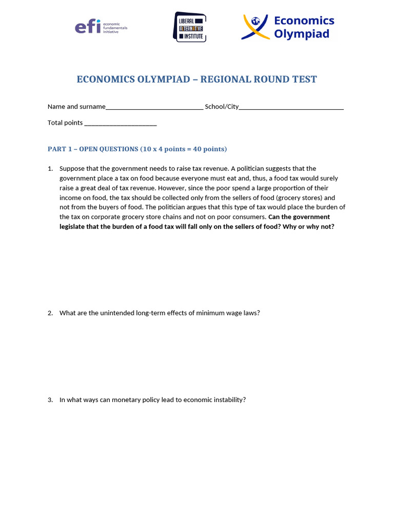 Regional Round Test 2025 ENG | PDF | Economic Equilibrium | Monopoly