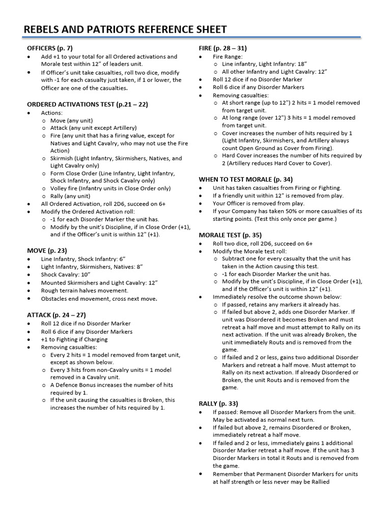 Rebels and Patriots Reference Sheet | PDF | Infantry | Cavalry