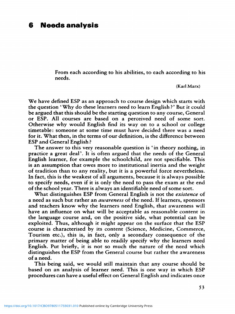 Hutchinson & Waters (1987) ESP Needs Analysis | PDF | Learning | Expert