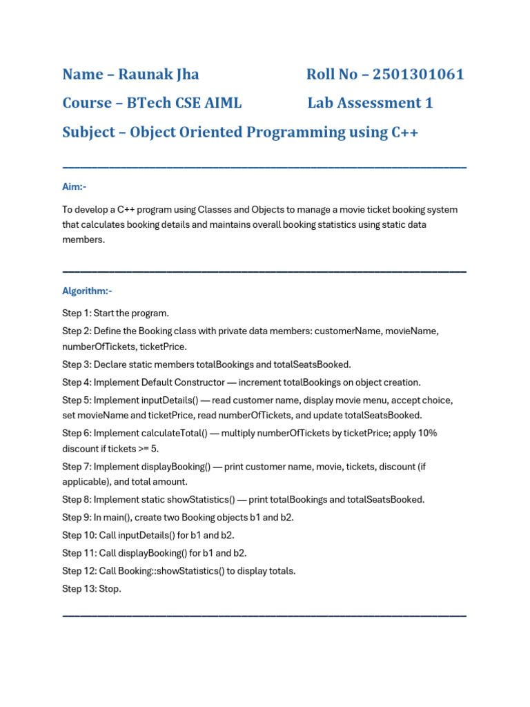 C++ Lab Assessment 1 | PDF | C++ | Constructor (Object Oriented ...