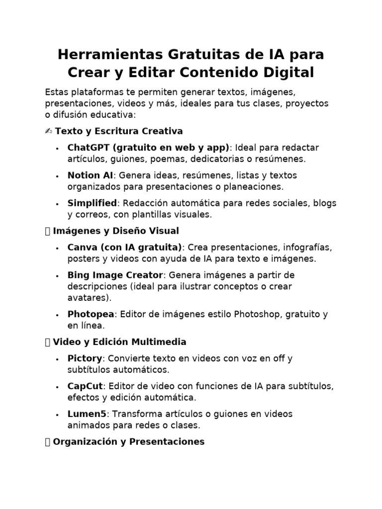 Herramientas Gratuitas de IA para Crear y Editar Contenido Digital | PDF