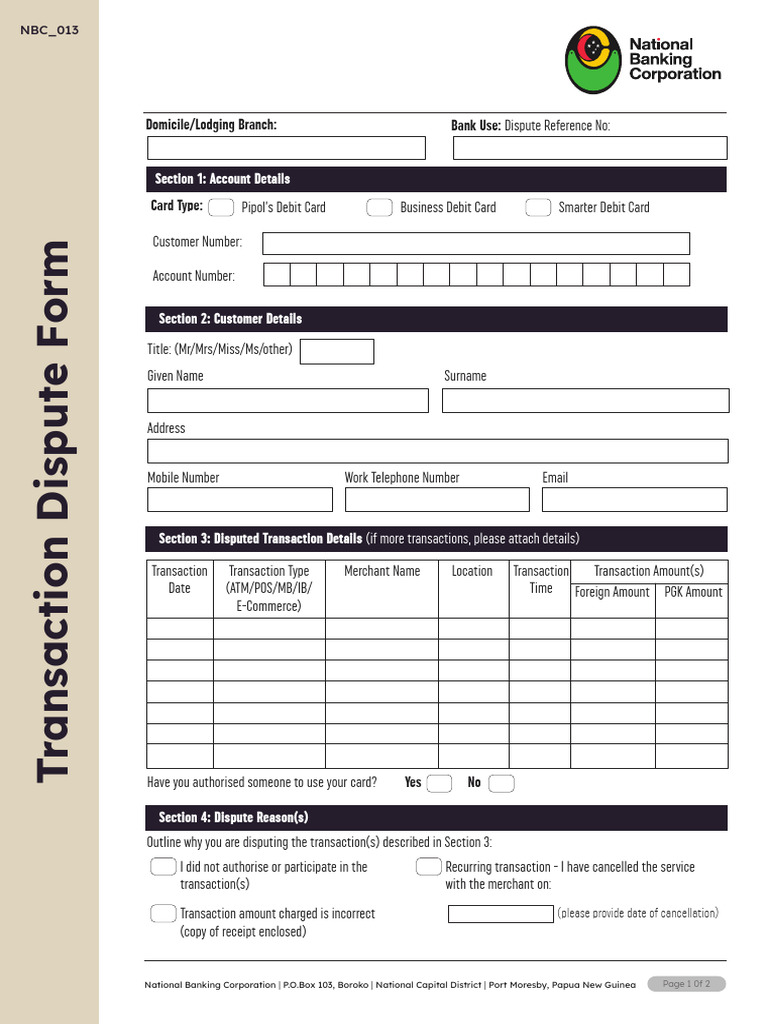 CLR - NBC - 013 NBC Transaction Dispute Form | PDF | Debit Card | Banks