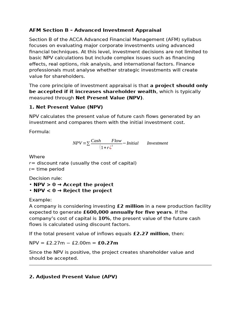 Advanced Investment Appraisal | PDF | Net Present Value | Valuation ...