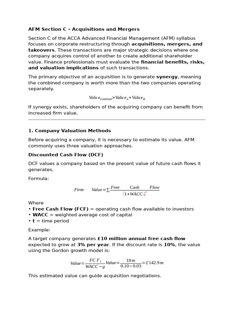 AFM Section C - Acquisitions and Mergers | PDF | Mergers And ...