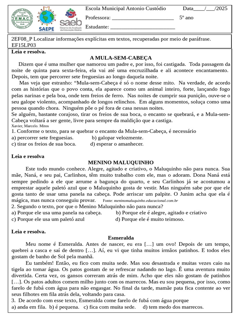 2EF08 - P Localizar Informações Explícitas em Textos, Recuperadas Por ...