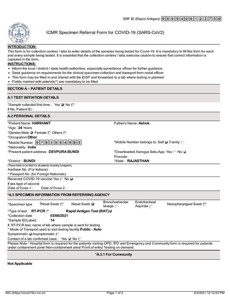 Icmr Specimen Referral Form For Covid-19 (Sars-Cov2) : (These Fields To ...