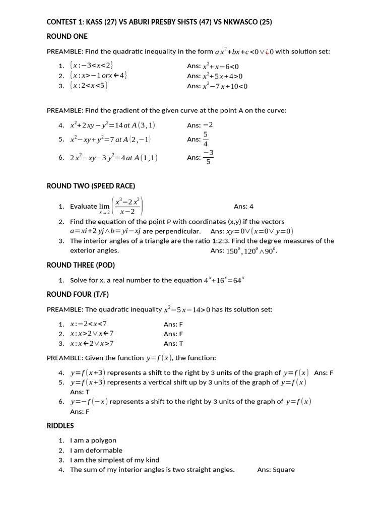 2022 Nsmq Math Only One Eighth to Finals | PDF | Circle | Triangle