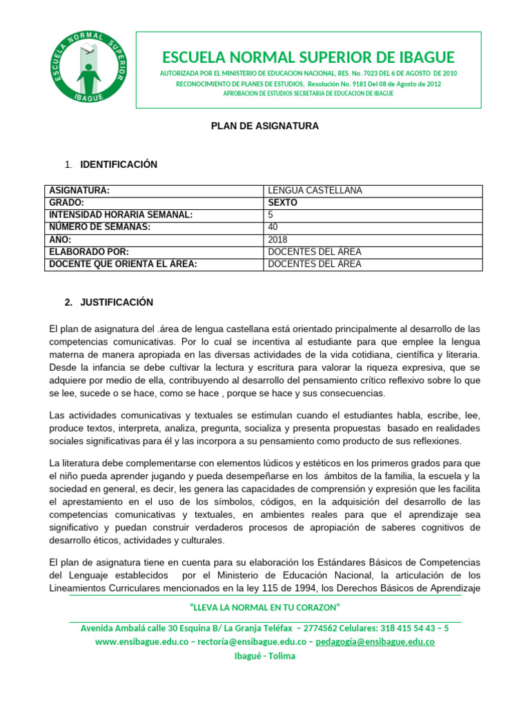 Plan de Asignatura Grado Sexto 2018 | PDF | Plan de estudios | Comunicación