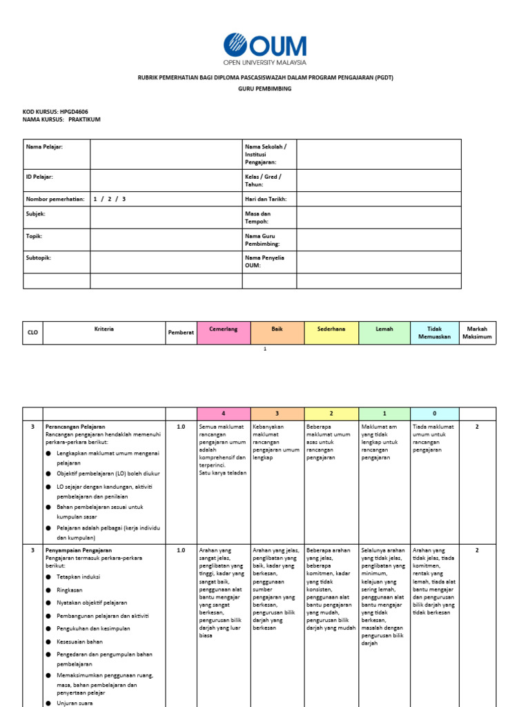 Hpgd4606 Bm Supervisor Rubric Co-teacher | PDF