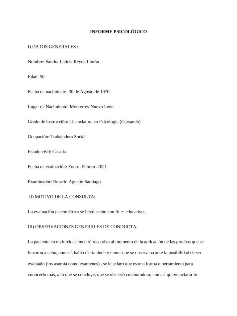 Informe Psicológico | PDF | Depresión (estado de ánimo) | Las emociones