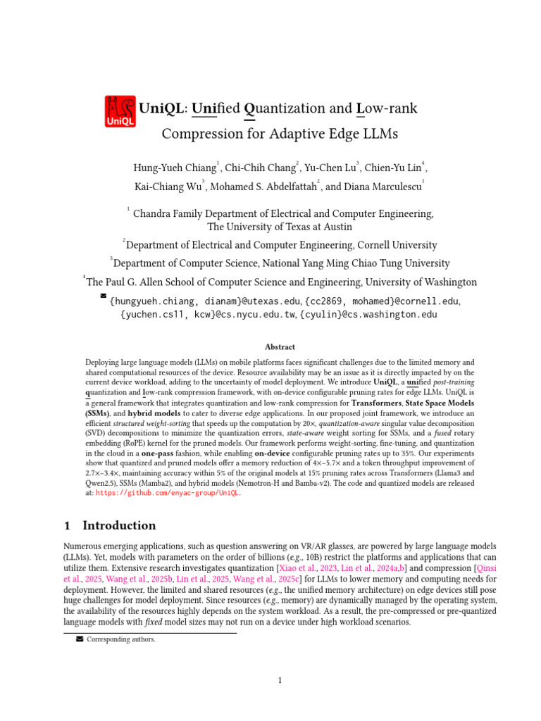 UniQL Unified Quantization and Low-Rank Compression For Adaptive Edge ...