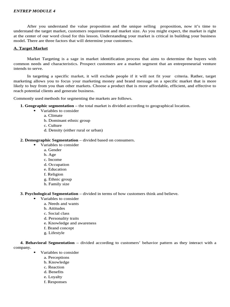 Entrep Mod 4 | PDF | Market Segmentation | Marketing