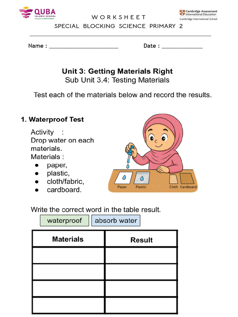 3.4 Test It! (Record Results of Simple Material Tests) Girls | PDF