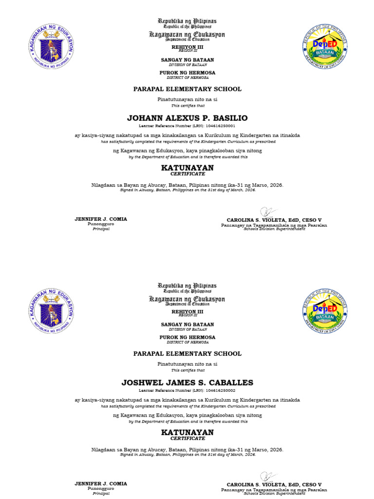 DepEd Certificate Generator -Parapal Elementary School Kindergarten | PDF