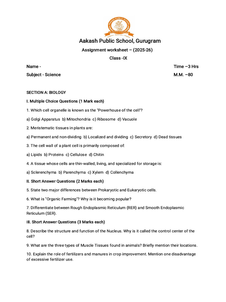 Class 9th Science worksheet | PDF | Cell (Biology) | Tissue (Biology)