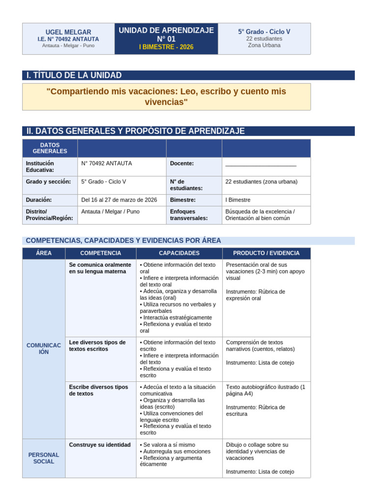 Unidad Aprendizaje 1 5to Grado Antauta | PDF | Salón de clases ...