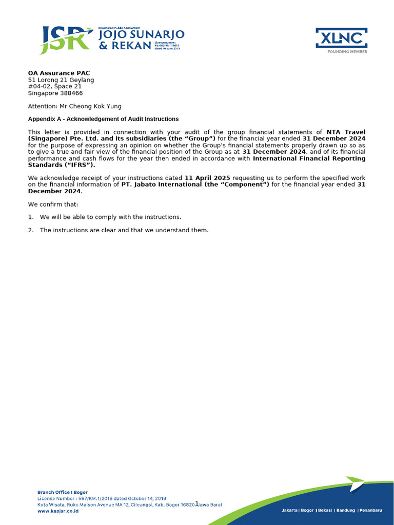 Appendix a - Acknowledgement of Audit Instructions Signed | PDF | Audit ...