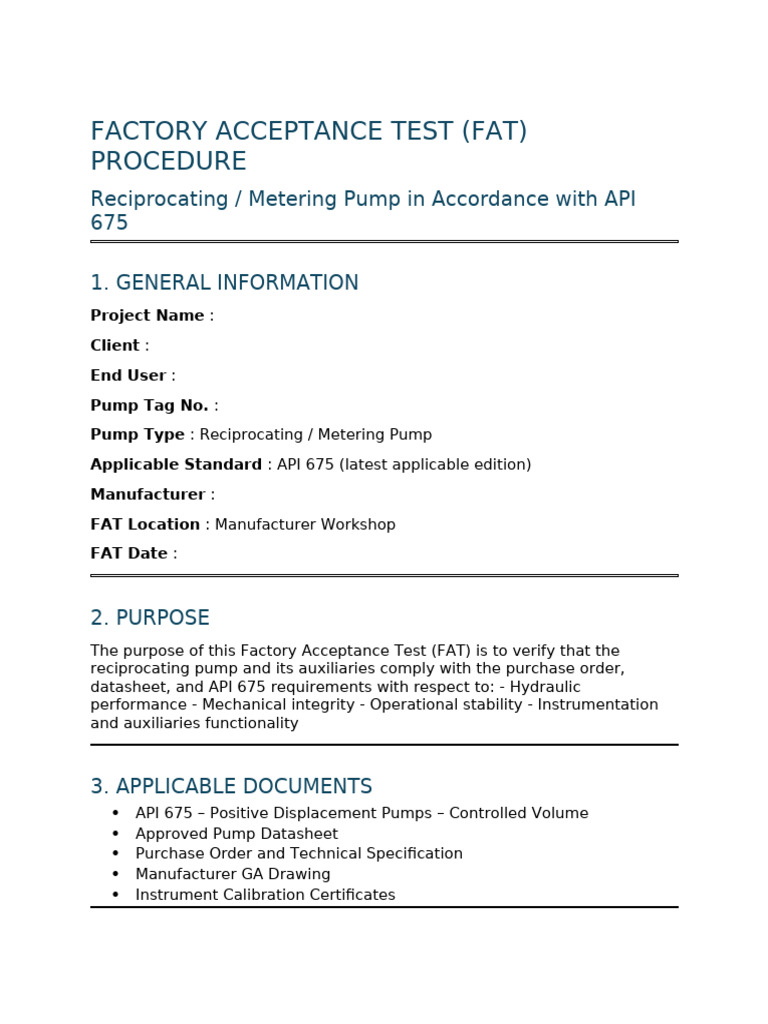 Sample Fat Procedure – API 675 Reciprocating Pump | PDF | Pump ...
