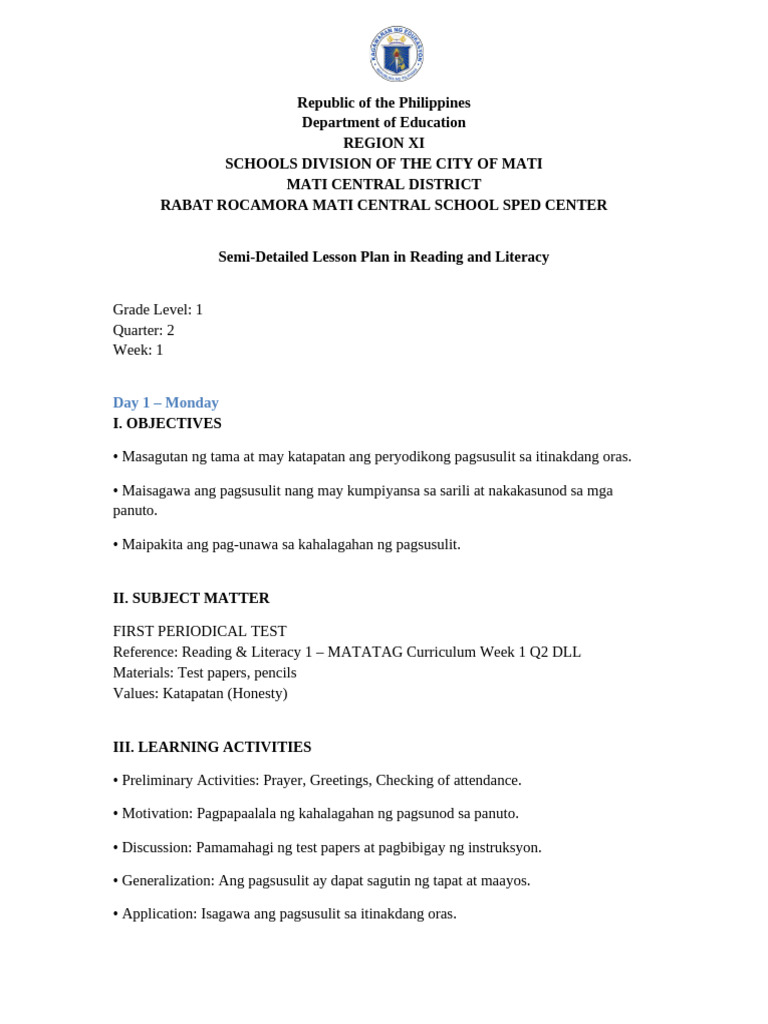 ReadingLiteracy Week1 SemiDetailed | PDF