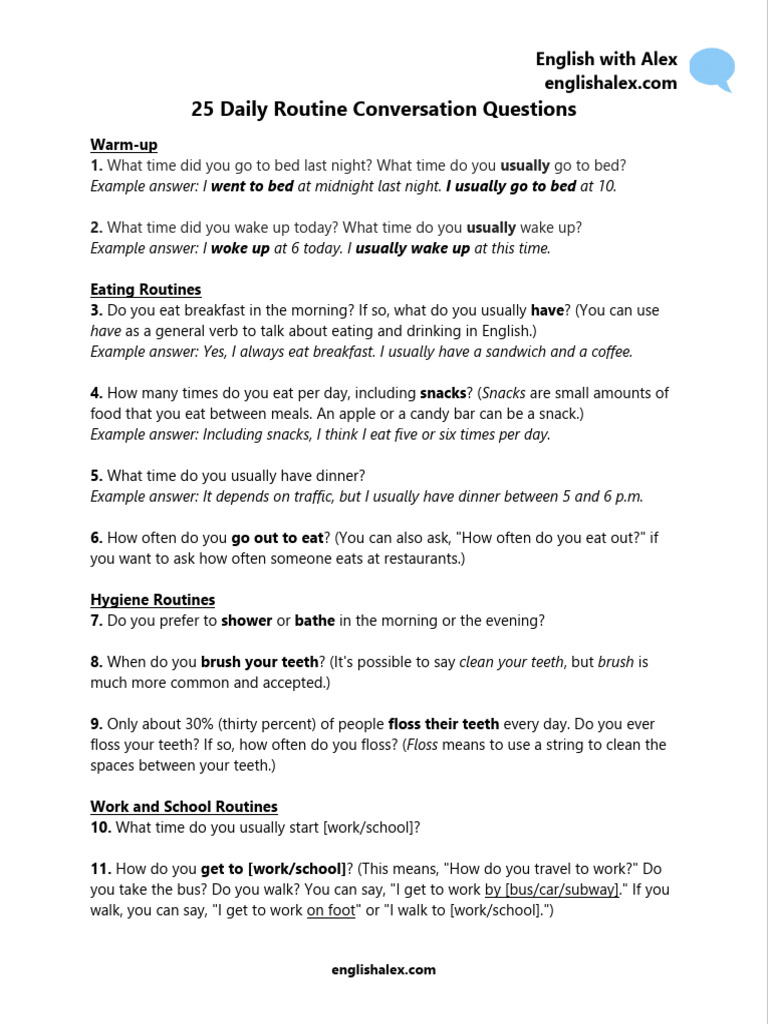25 Daily Routine Conversation Questions | PDF | Workweek And Weekend | Meal