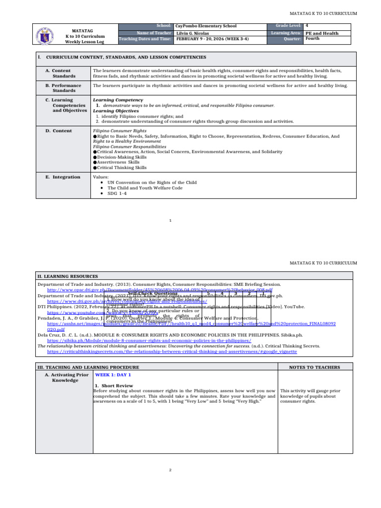 DTC - DLL Matatag - Pe & Health 4 Q4 Week3-4 | PDF | Critical Thinking ...