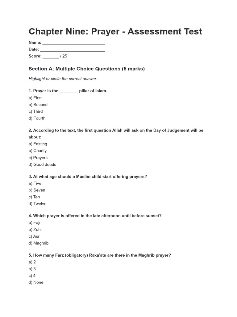 Chapter Nine_ Prayer - Assessment Test | PDF