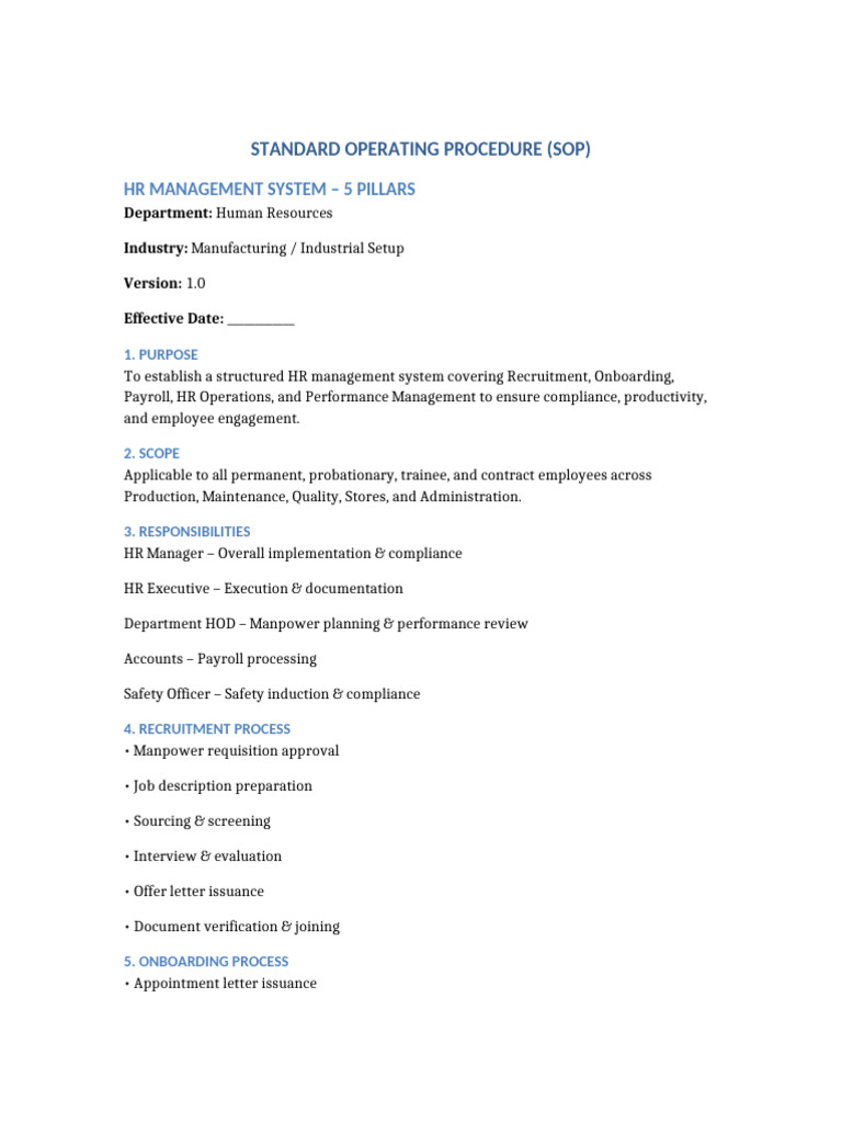 HR Management SOP Manufacturing | PDF