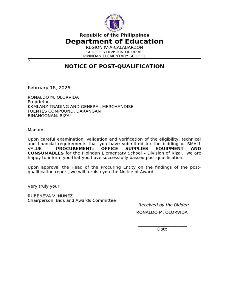 Add Notice of Postqua Pipindan Es 1st Quarter 2026 | PDF
