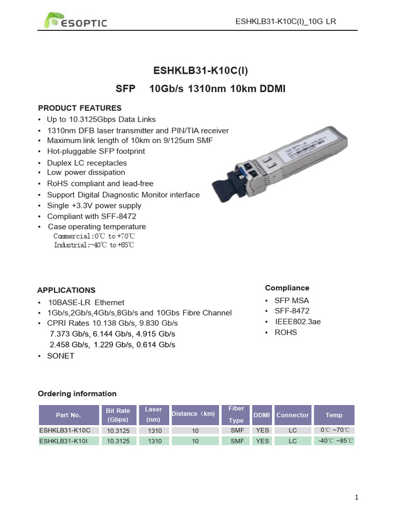 SFP+ 10G 1310nm 10km. Datasheet | PDF