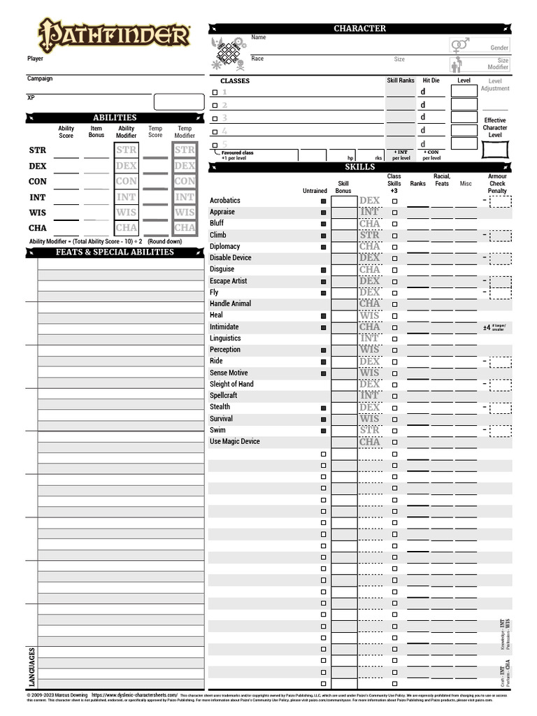 Pathfinder Core Rulebook Charactersheet | PDF