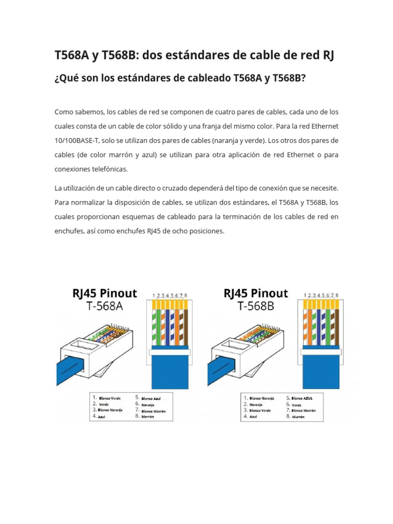 T568A y T568B: Dos Estándares de Cable de Red RJ | PDF