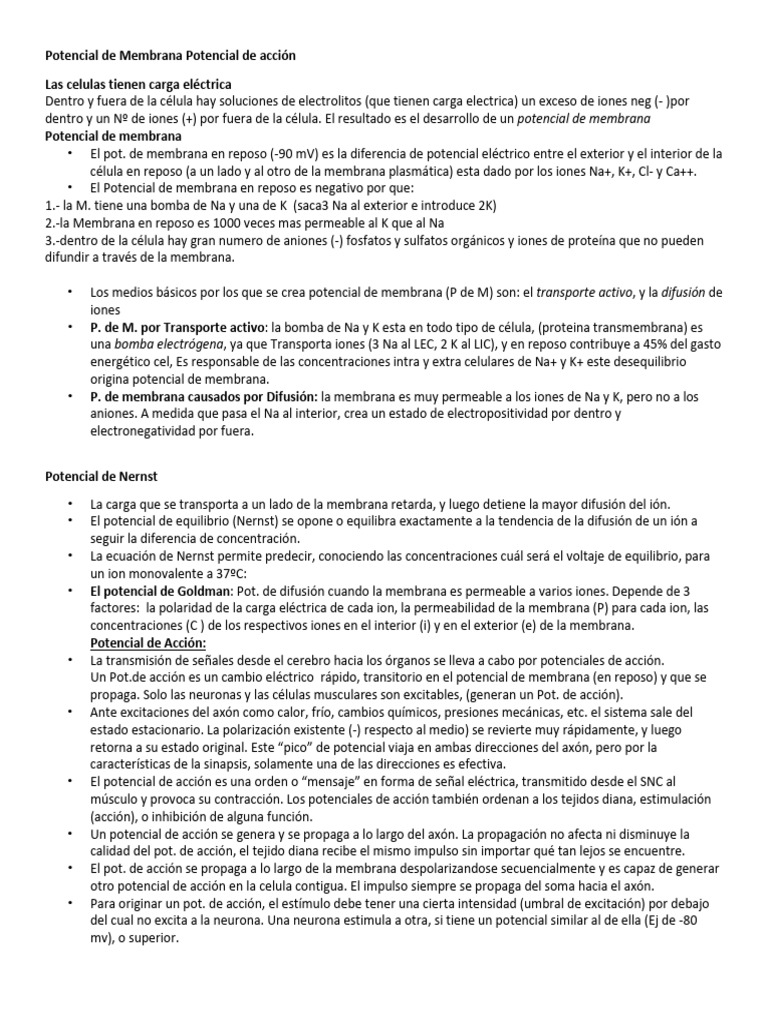 Fisiologia Potencial de Membrana y Potencial de Accion | PDF ...