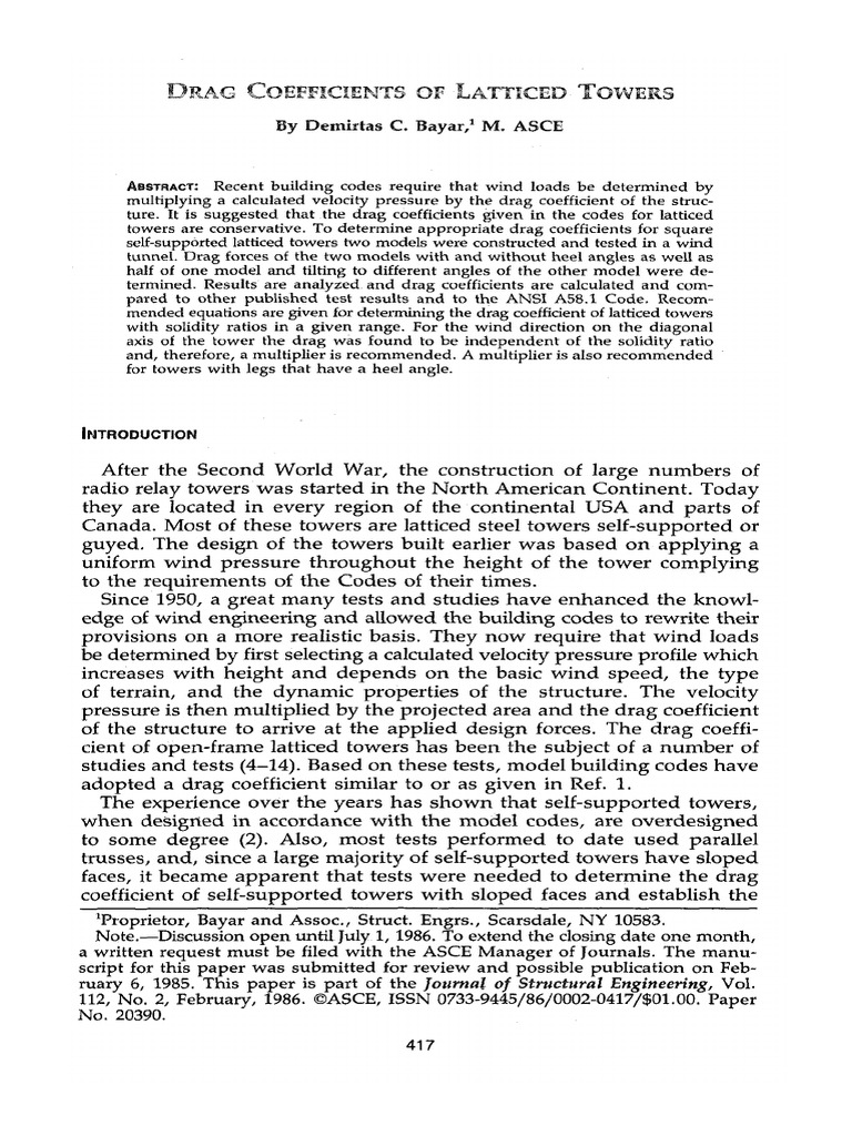Bayar 1986 Drag Coefficients of Latticed TowersJournal of Structural ...