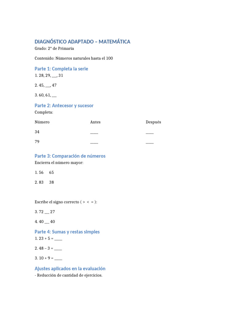 Diagnostico Adaptado Matematica 2do | PDF