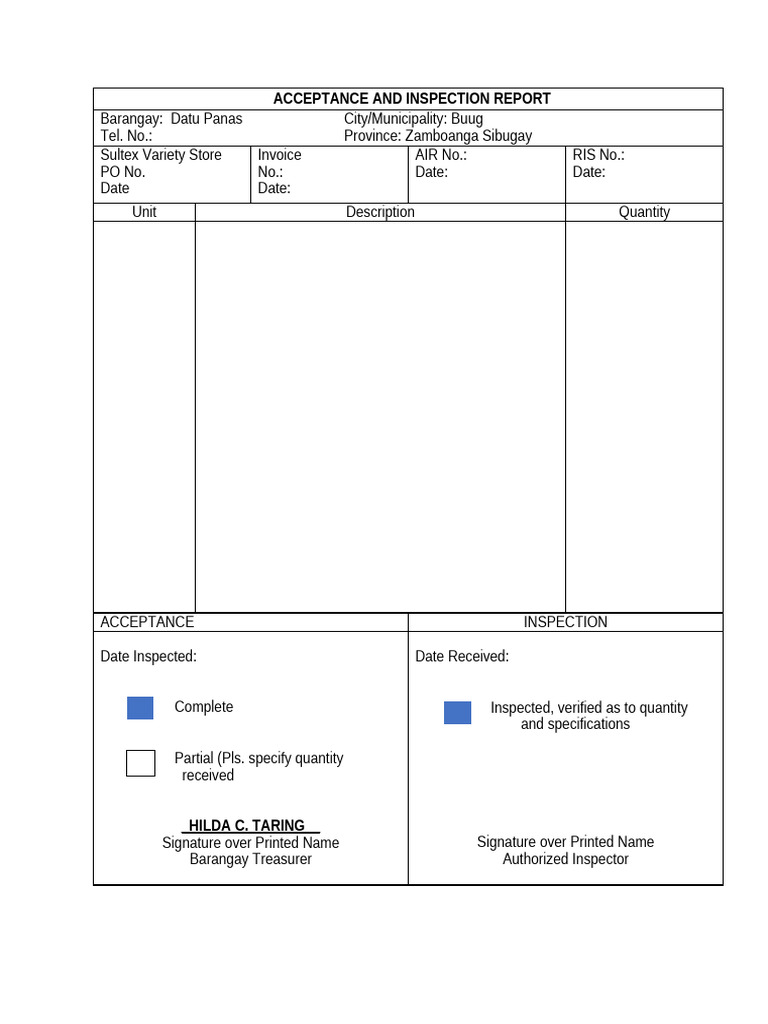 Acceptance and Inspection Repor1 | PDF