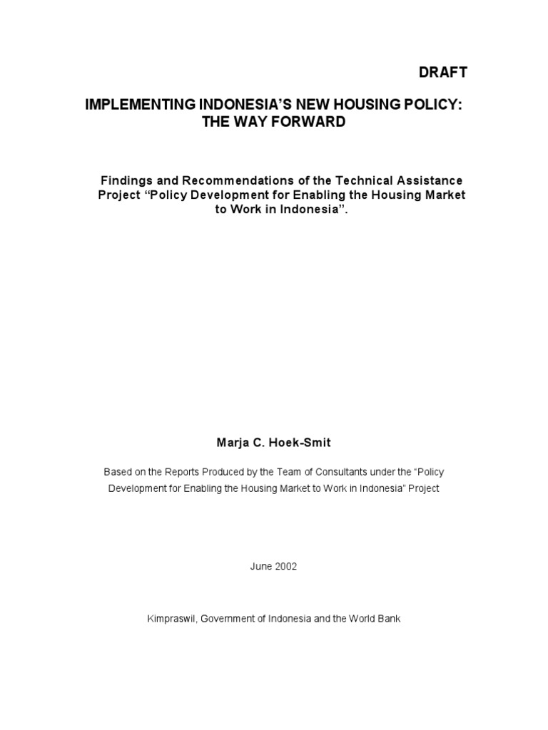 Implementing Indonesia S New Housing Policy The Way Forward Draft