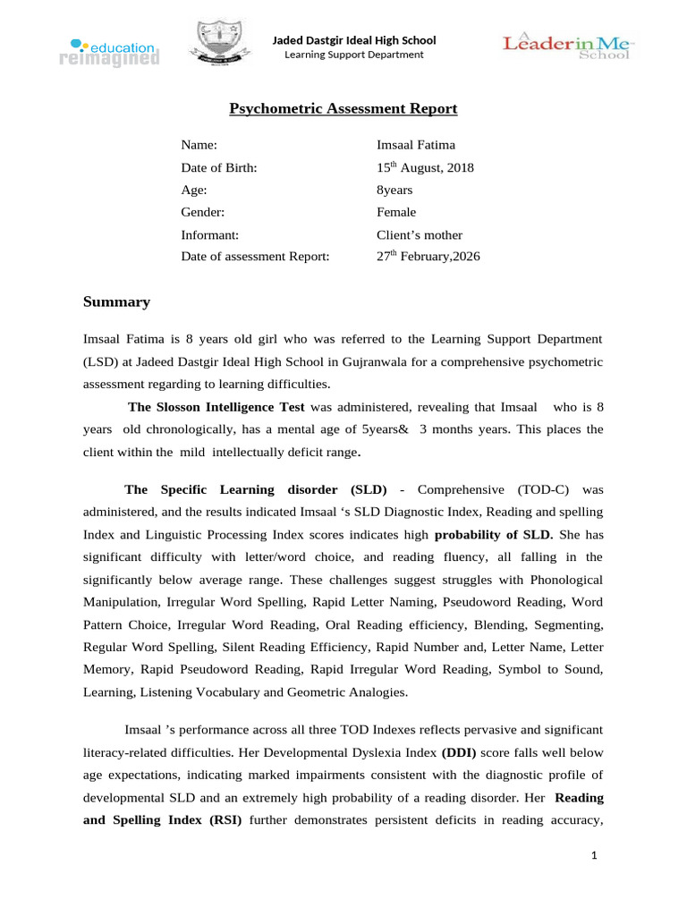 Psychometric Assessment Report Imsaal | PDF | Phonics | Learning Disability