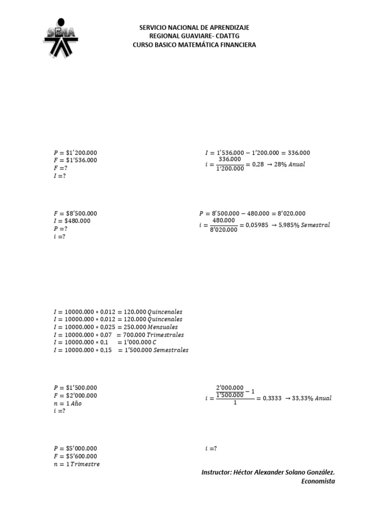 182663495 Taller 1 Matematica Financiera | PDF | Interés | Tasas de interés