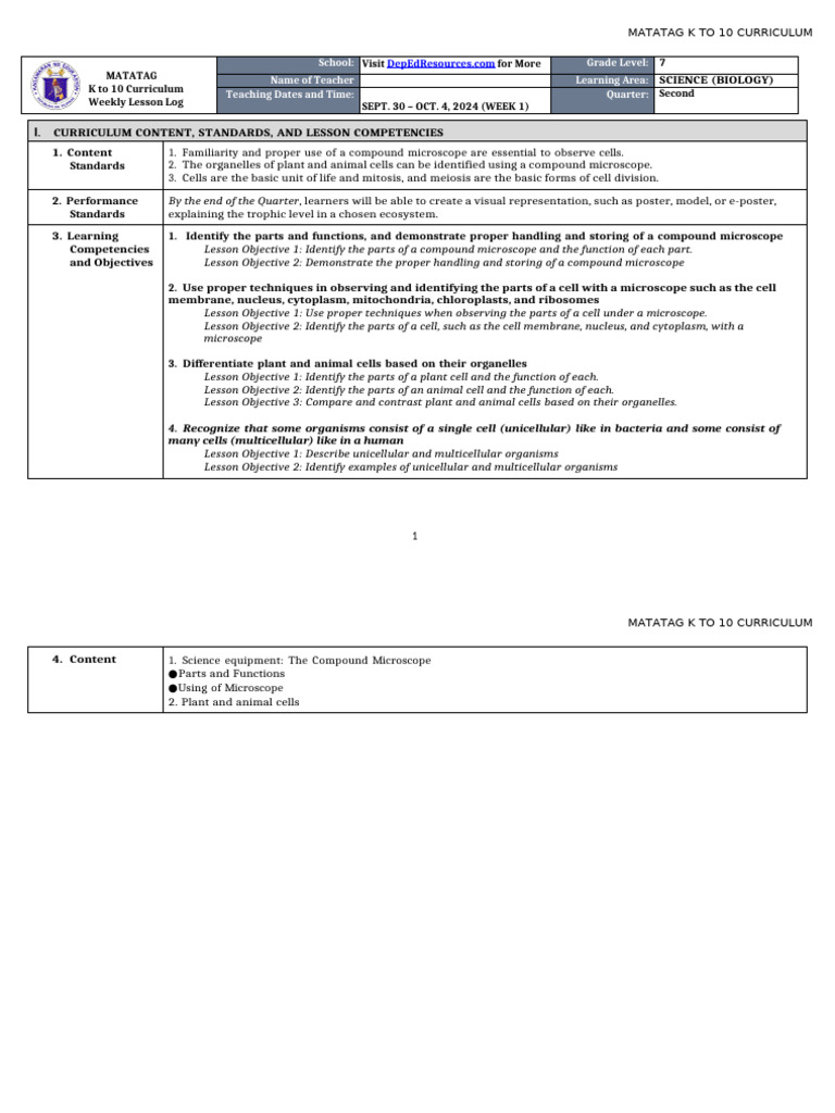 DLL Matatag - Science 7 q2 w1 | PDF | Cell (Biology) | Microscope