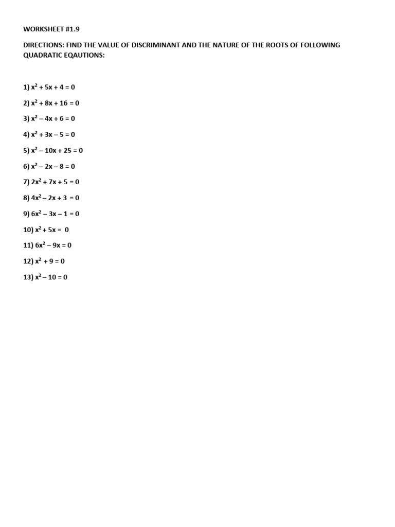 1.9 Worksheet Discriminant and Nature of Roots | PDF