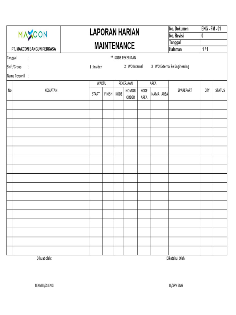 Form Lap Harian Maintenance | PDF