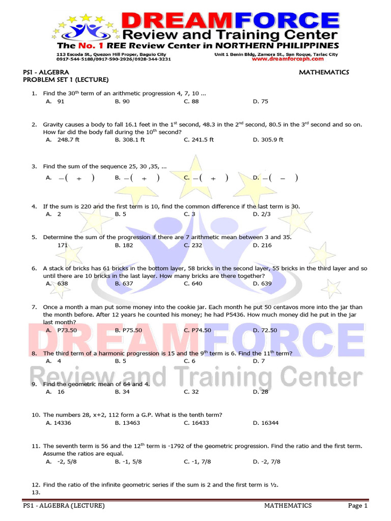 Algebra Problem Set From Dreamfroce Baguio | PDF | Quadratic Equation ...