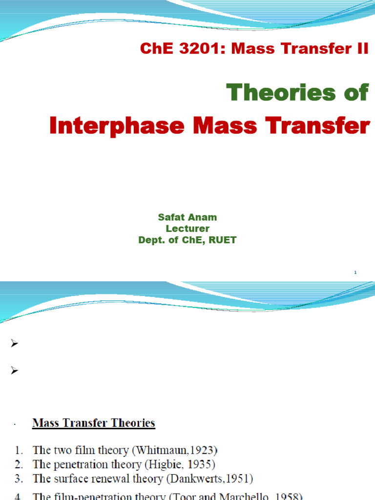 L-3 Theories of Interphase Mass Transfer | PDF | Diffusion | Mass Transfer